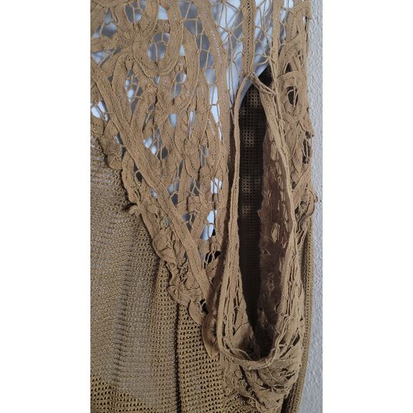 By Bke Brown Gold Draped Open Front Knit Cardigan One Size Crochet Shoulder Boho - Picture 3 of 6